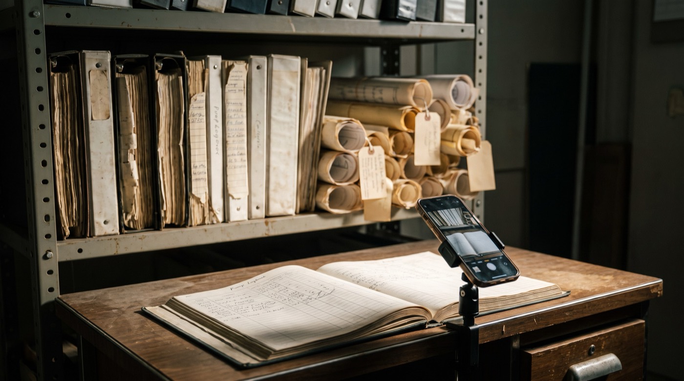 A shelf of old pump logbooks and rolled drawings, with a phone scanning an open logbook
