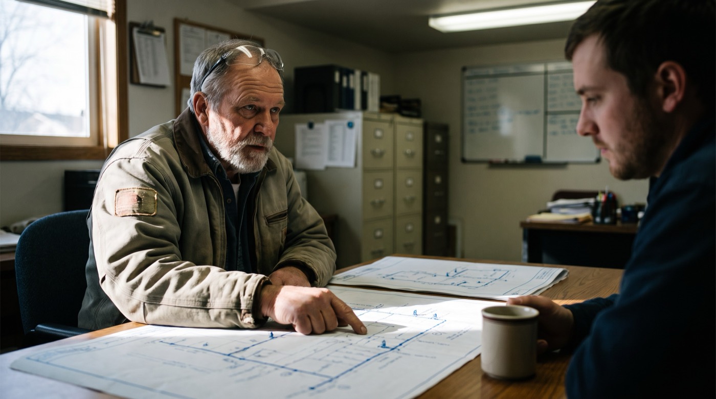 A veteran operator walks a younger colleague through distribution plans at the office table
